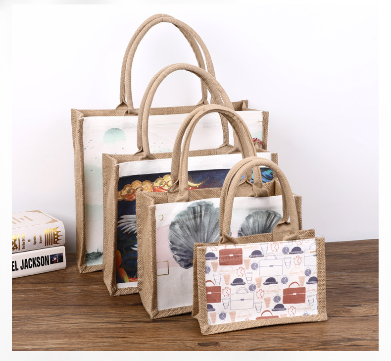 Factory direct supply of portable silk printed linen bags with large capacity for shopping, jute bags with film covering, gifts, and linen packaging bags for customization