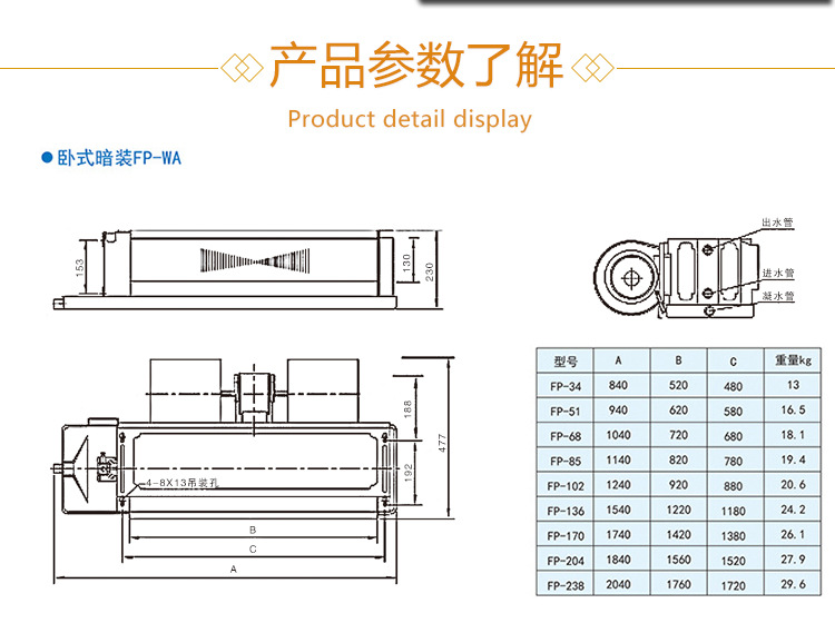 Horizontal concealed fan coil unit hotel office household commercial water air conditioning dual purpose central air conditioning terminal