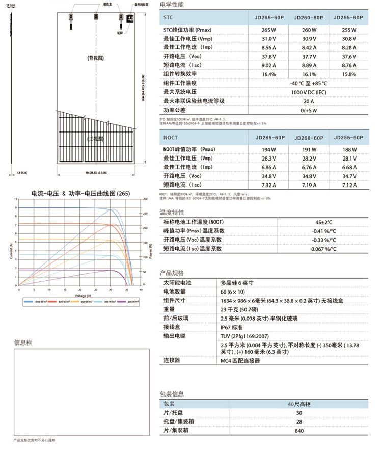 Polar Fumin Solar Photovoltaic Panel JD260-60P Borderless Solar Module Photovoltaic Solar Panel