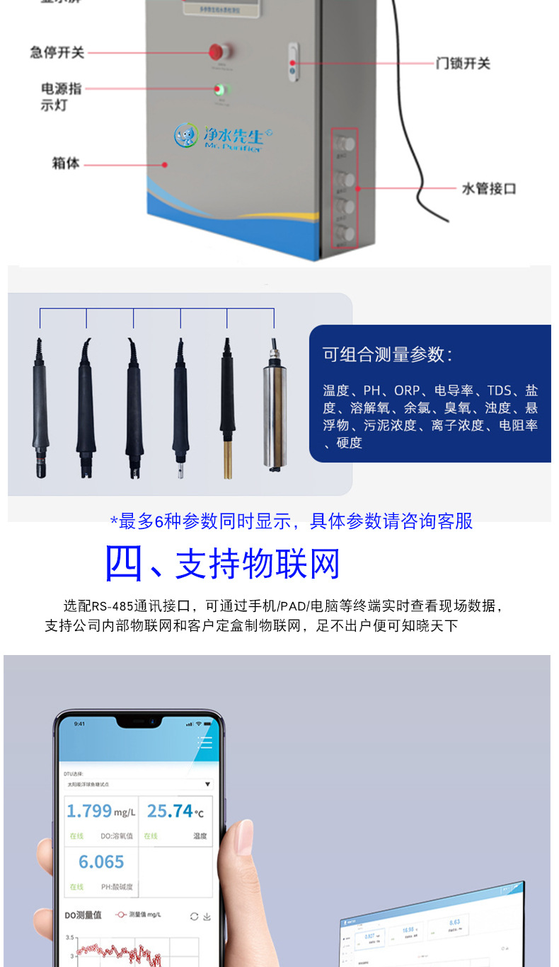 Integrated multi-parameter water quality monitoring instrument, five parameter water quality analyzer, water plant testing instrument