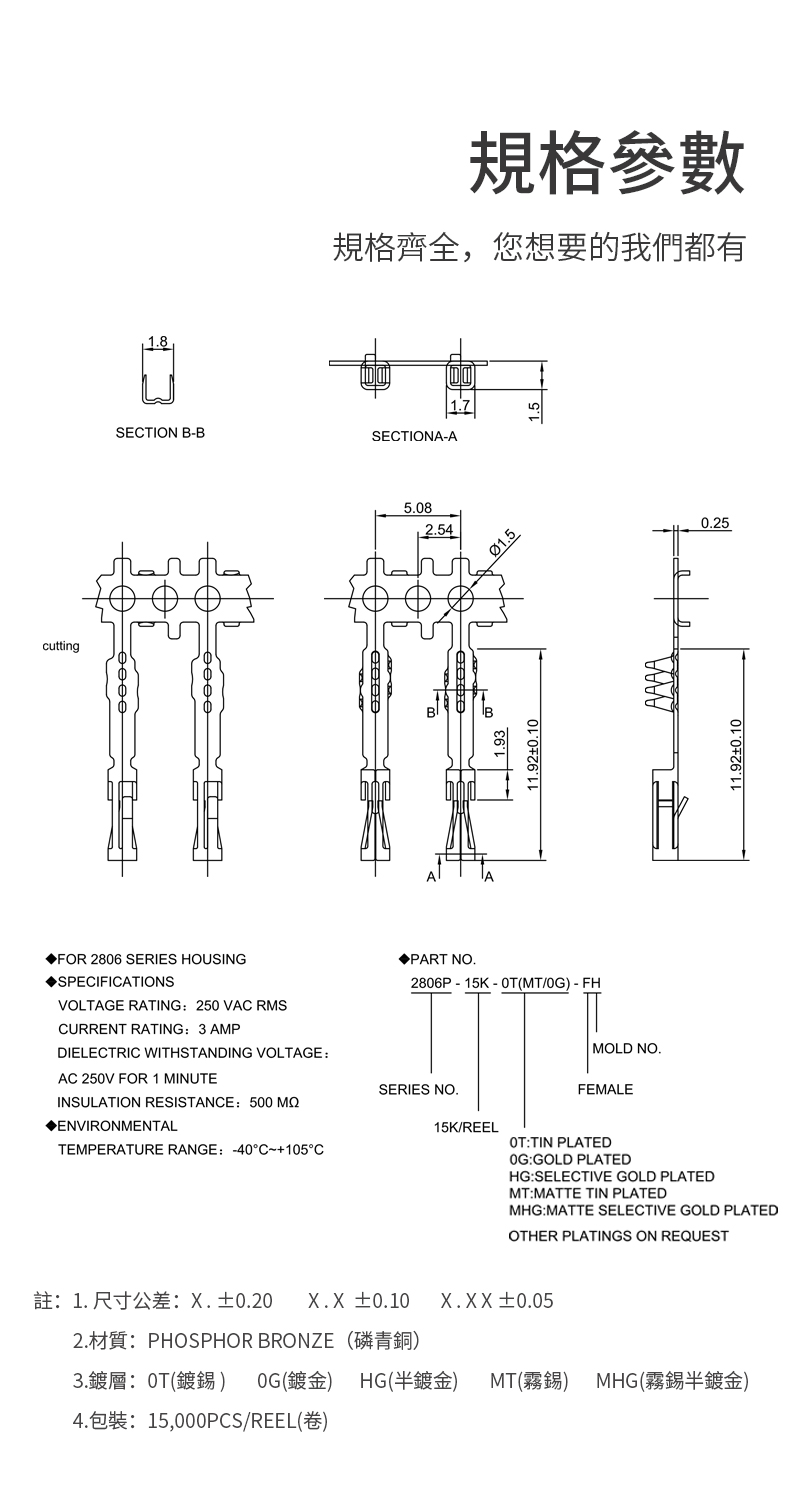 CROWNLINK quick connect 2806P-15K-HG-FH thin film switch FPC phosphor bronze 5.08mm female end