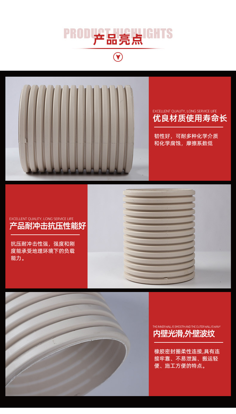 Sichuan UPVC hard polyvinyl chloride double wall corrugated pipe DN250 315 PVC-u corrugated pipe manufacturer