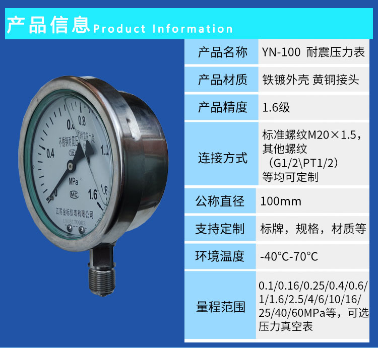 Gold standard instrument pointer Y60/Y100 radial high-pressure anti-corrosion industrial natural gas stainless steel shockproof pressure gauge