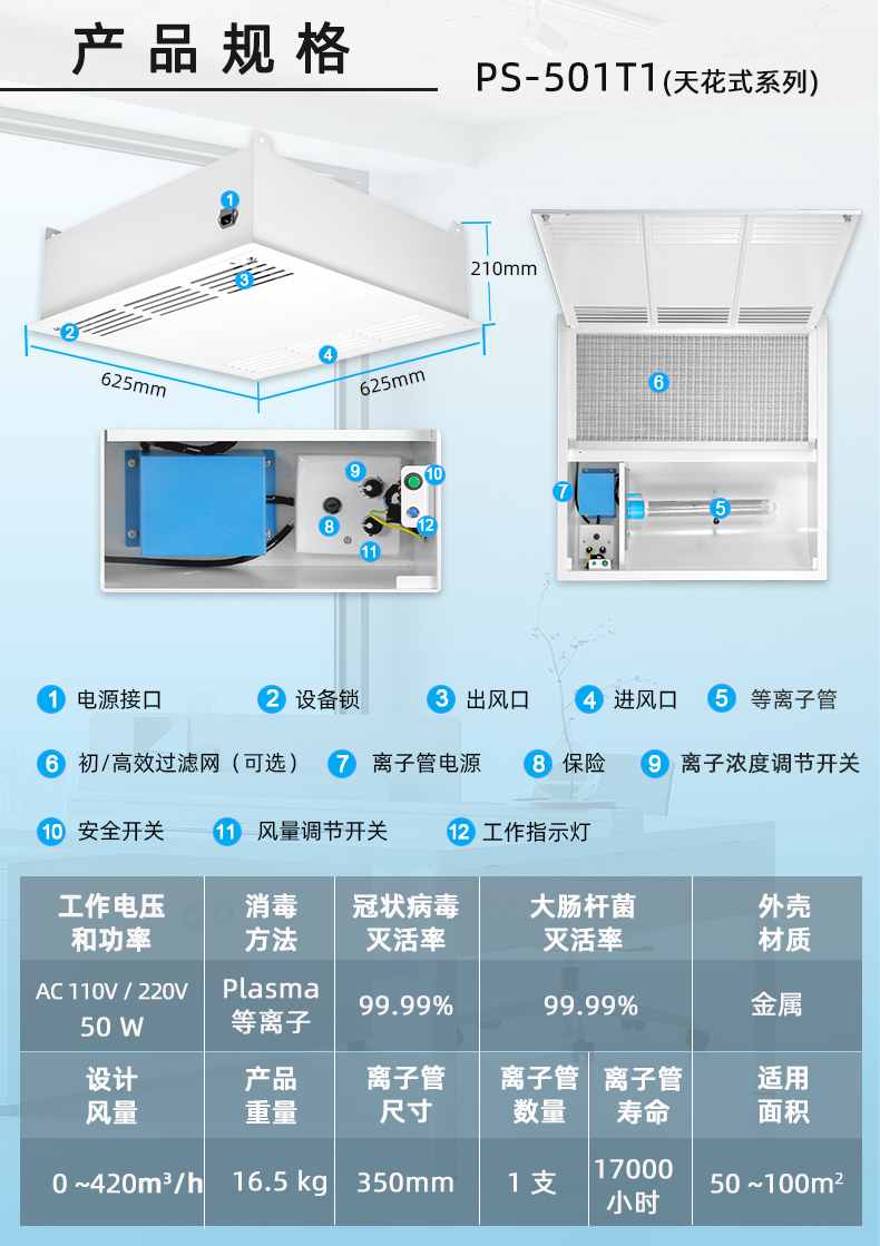 Ceiling mounted embedded plasma purifier Food factory School sterilization equipment Deodorization and odor removal disinfection machine