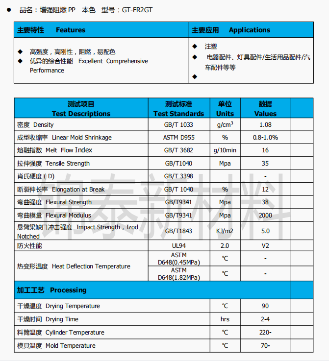 South Korea's Hanhua Total GH41 PP 20% fiberglass flame-retardant, fire-resistant, high-temperature resistant, and high-strength polypropylene