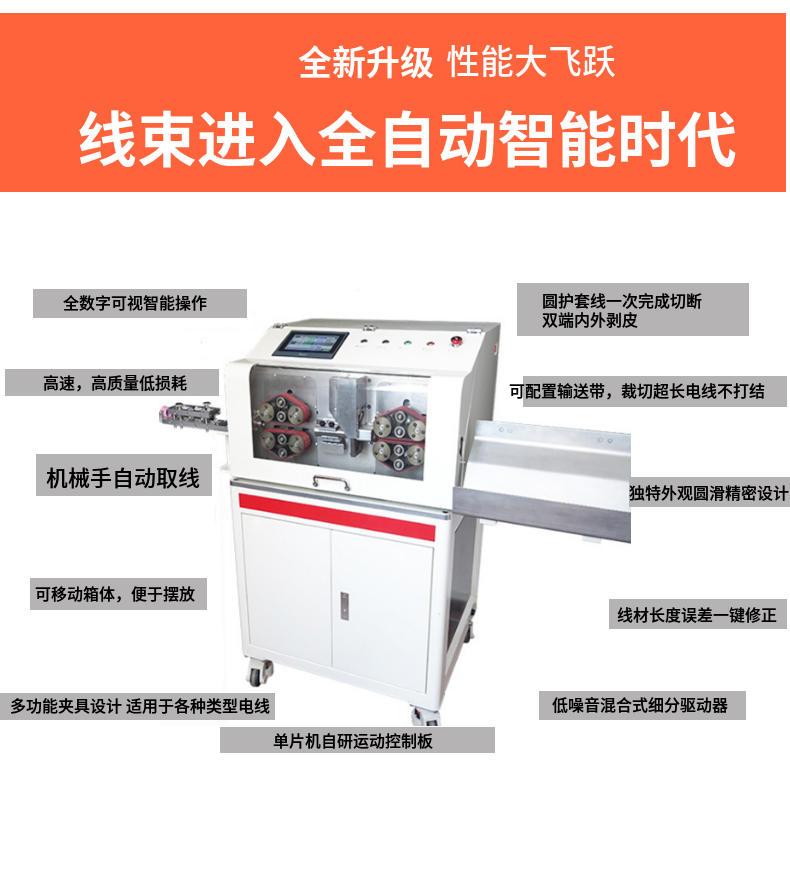 The 908 sheath wire inner and outer stripping machine comes with a wire picking function, and the 8-core power cord pulley is a seamless intelligent stripping machine