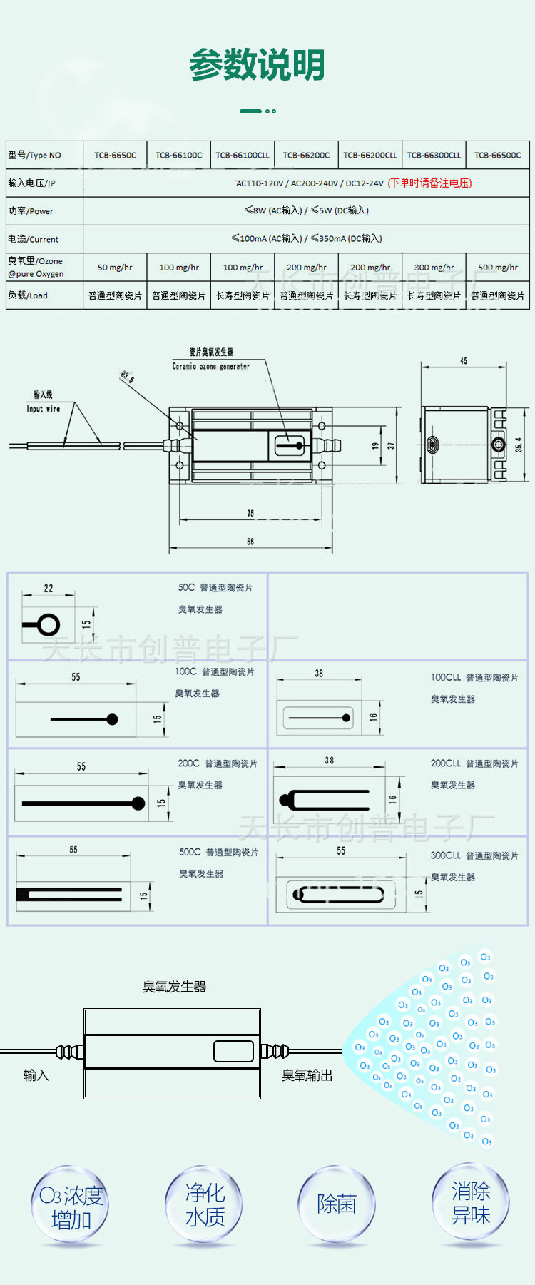 Chuangpu Manufacturer's Air Purification Accessories Load Long Life Ceramic Plate High Concentration Ozone Generator TCB-66