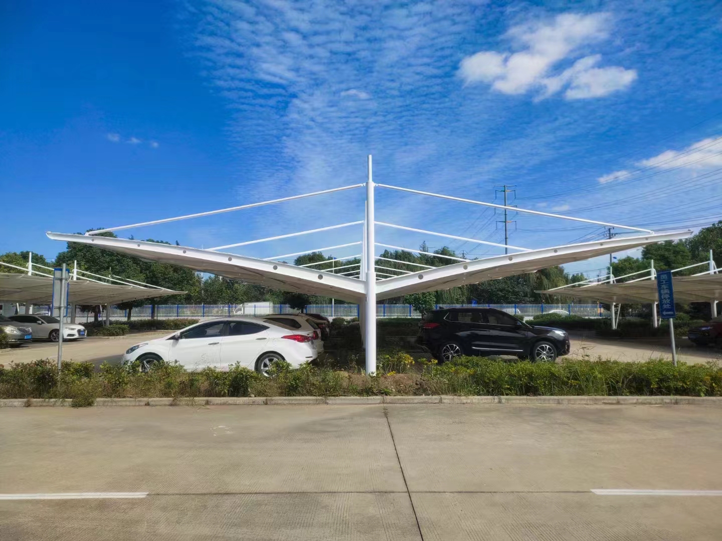 Outdoor 7-shaped membrane structure car parking shed, charging pile shed, electric bicycle shed, tension film sunshade