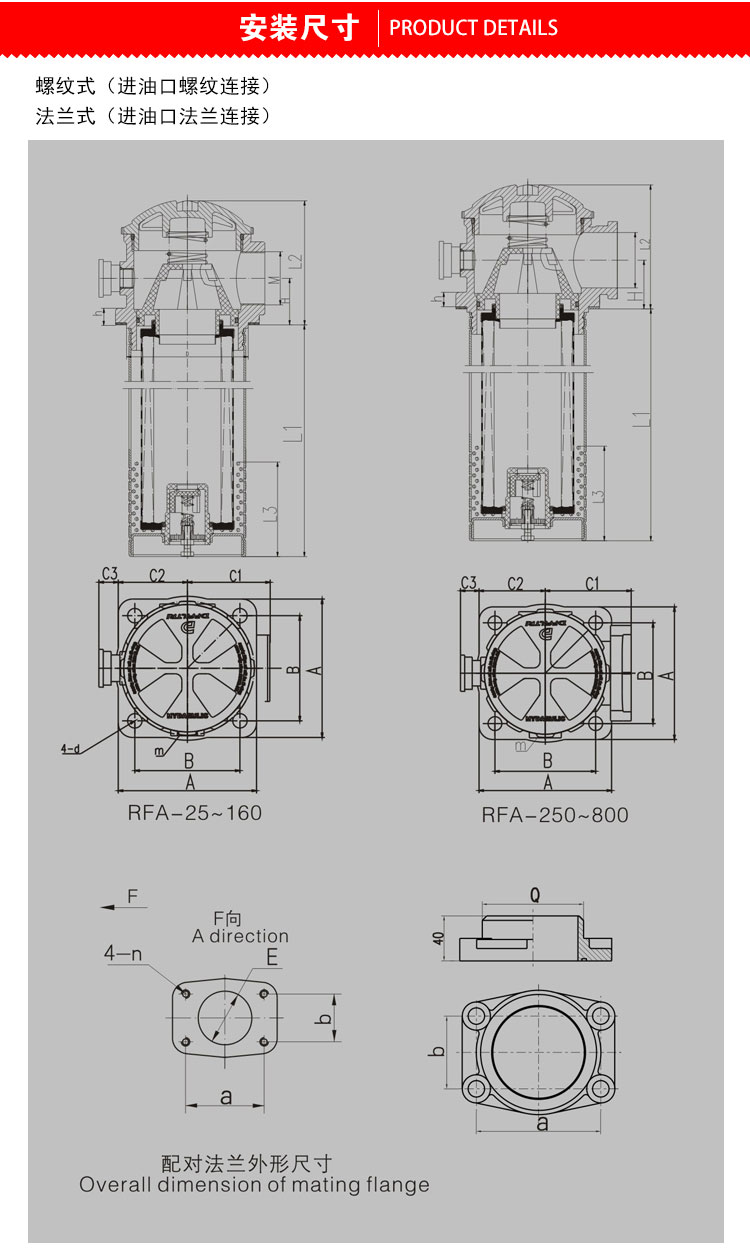 Dongfeng Filter RFA/Return/Suction Filter Assembly Filter Element Oil Filter Hydraulic Filter RFA-160X10