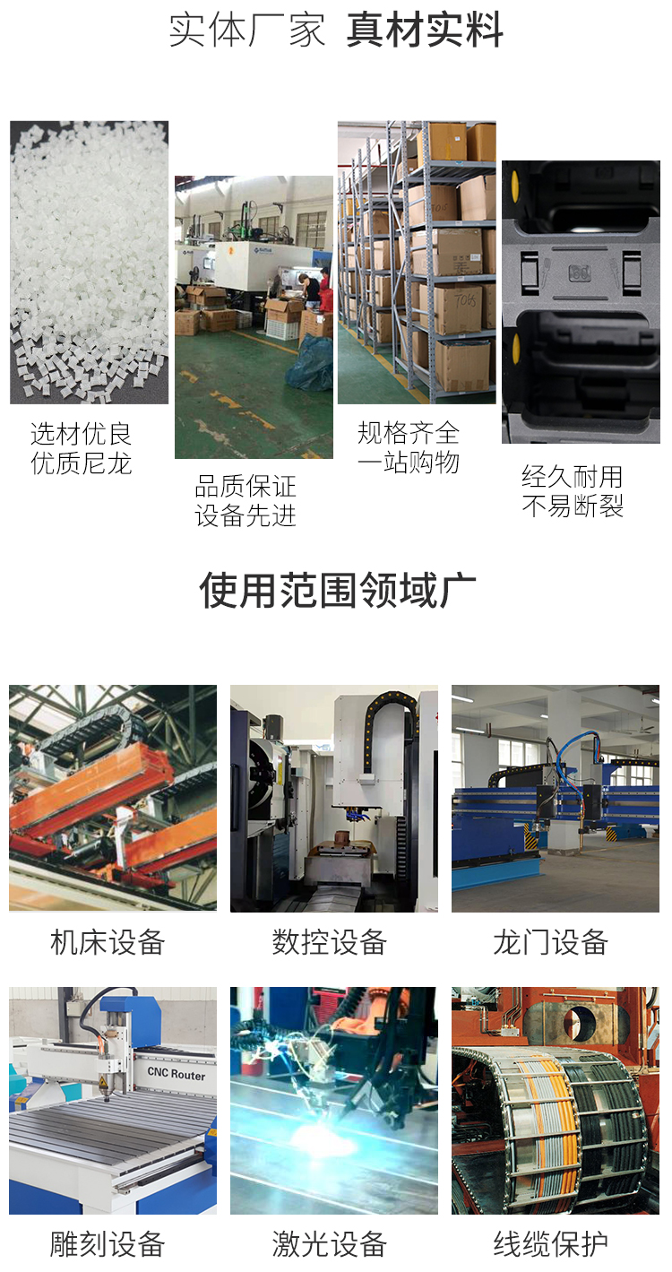 Changrui has complete specifications for nylon plastic drag chains, bridge type closed engraving machine threading chains