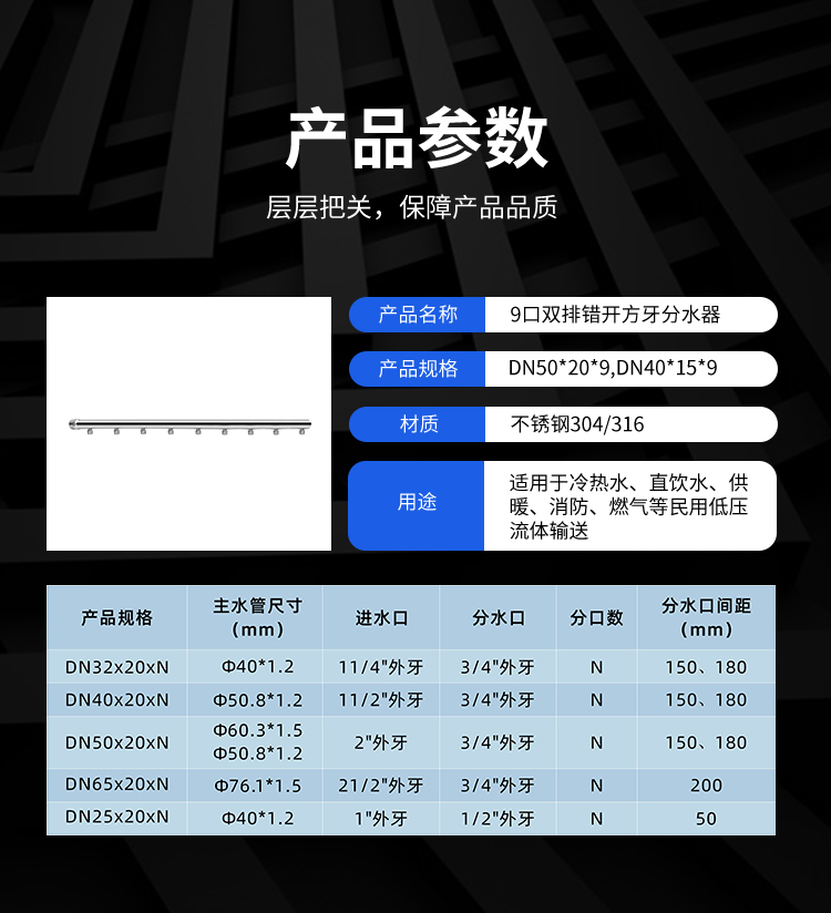 304 stainless steel water collector manufacturer 316L stainless steel water meter column with 9 holes