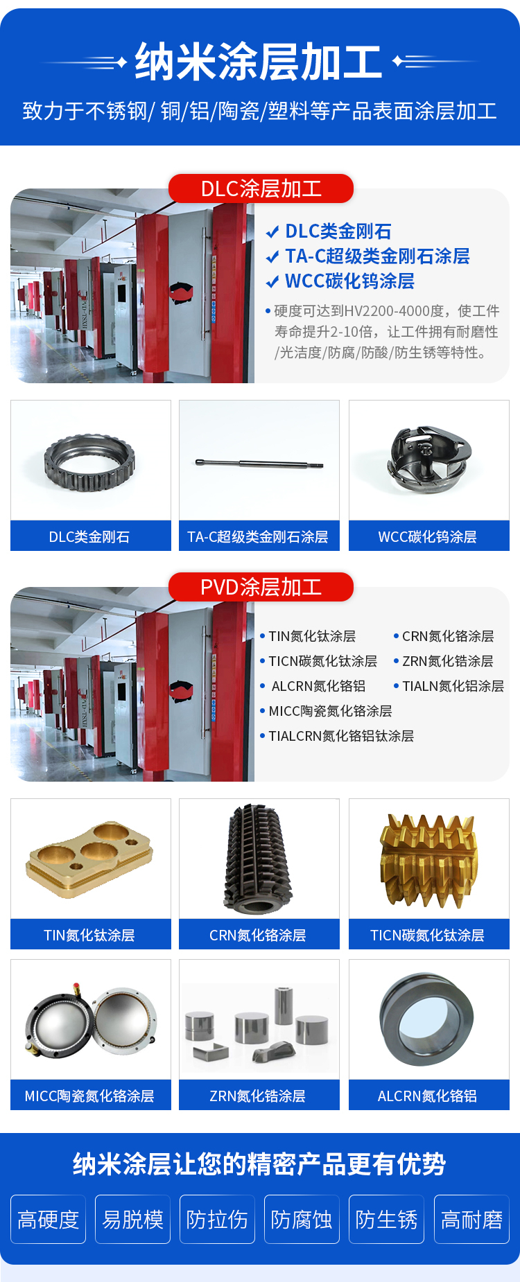 DLC diamond like coating on parts effectively enhances the wear, rust, rust, and corrosion resistance of the workpiece Xinlong Nano