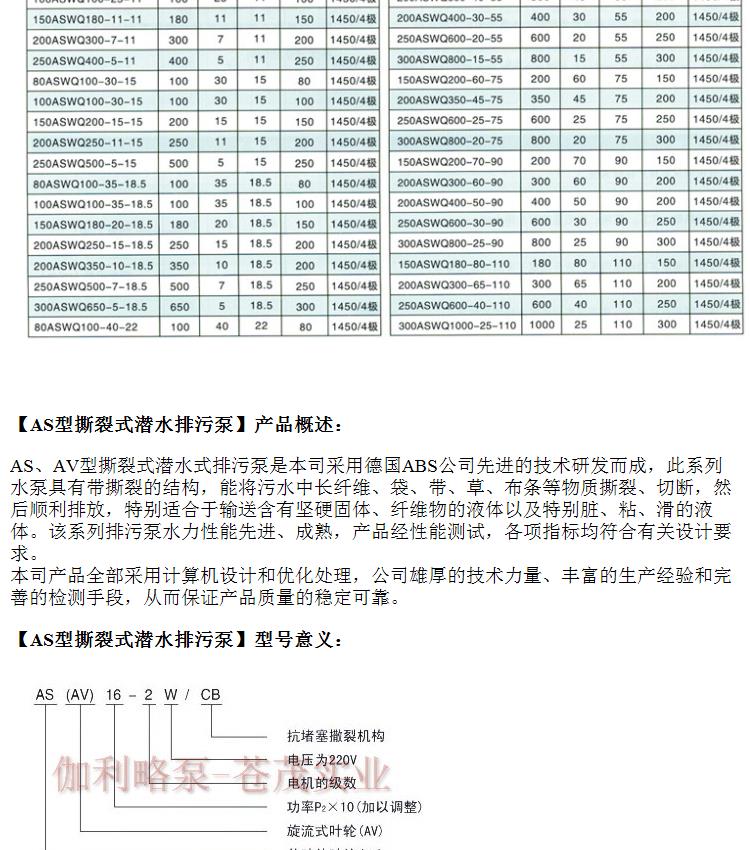 AS non clogging tearing submersible sewage pump sewage drainage pump submersible Galileo brand