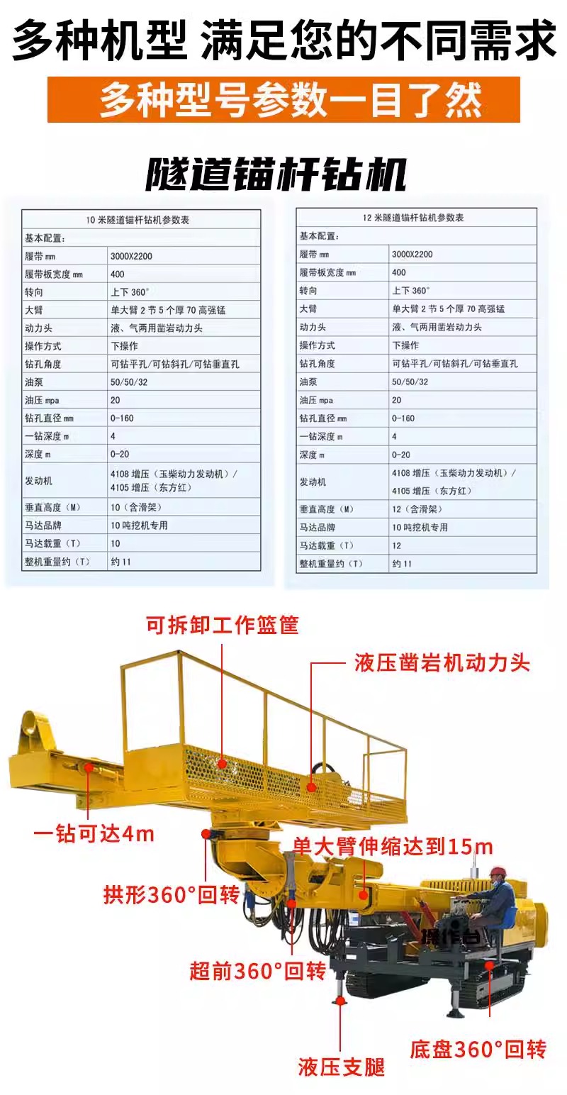 Multifunctional tunnel drilling rig, rock drill, 3-12 meter tracked tunnel drilling rig, mountain slope protection, high arm type