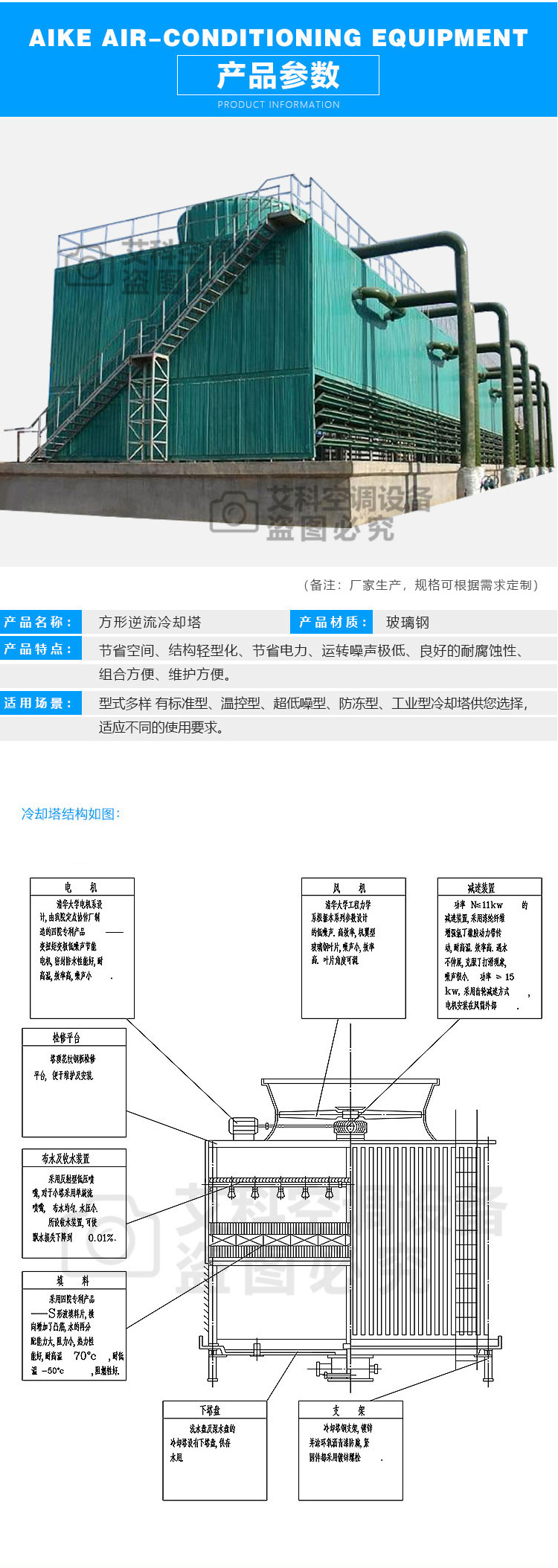 Aike fiberglass reinforced plastic square counter flow cooling tower for industrial cooling, heat dissipation, cooling water tower with low noise and low energy consumption