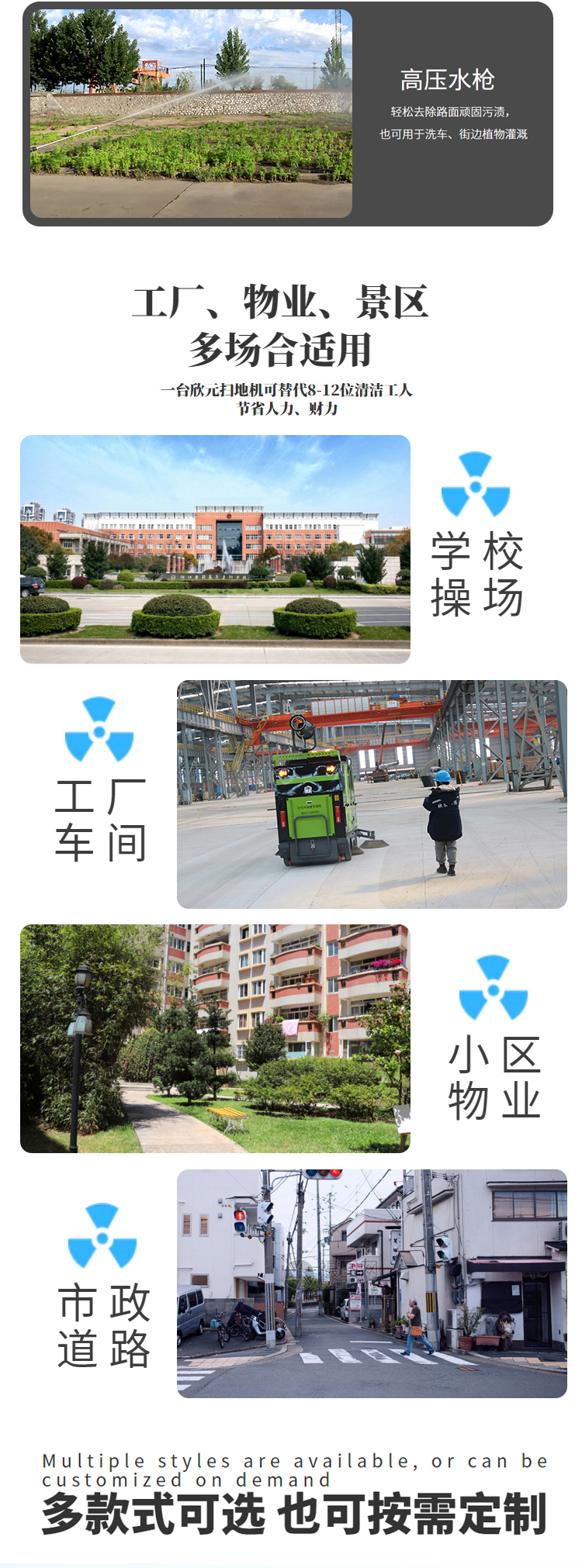 Closed electric sweeper, park property sweeper, three wheel fog gun, high-pressure cleaning vehicle, sturdy and durable