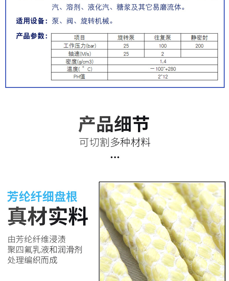 Manufacturer provides aramid PTFE packing, PTFE sealing packing, glass fiber yellow woven packing