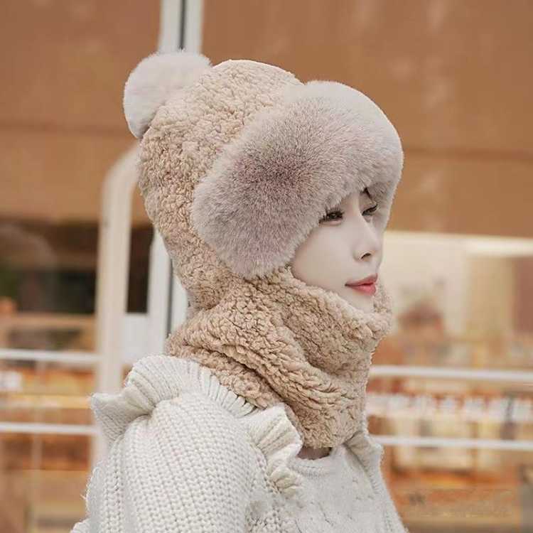 网红新款帽子围巾一体女冬季加厚围脖护耳连帽防寒保暖批发代发