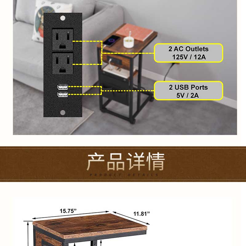 Iron Art Sofa Side Table, Corner Table, Small Tea Table, Simple Moving Tea Path Household Side Table, C-shaped Slit Table, Side Computer Table