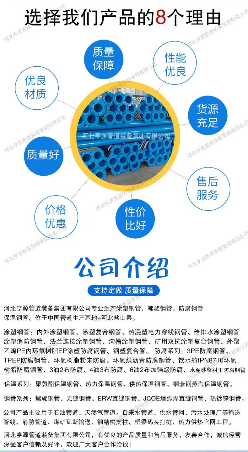 Water supply and drainage plastic coated pipes, epoxy coated anti-corrosion steel pipes, large diameter DN200 internal and external plastic coated composite steel pipes