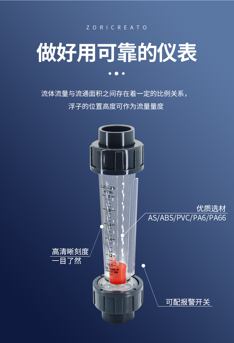 Zhuoran Tiangong Plastic PVC Glass Tube Rotameter Lzb Anticorrosive Float Alarm Switch DN100AS Pipe