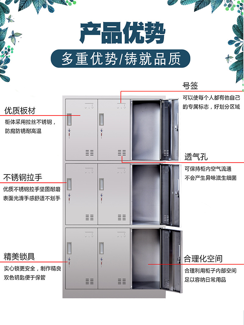 Stainless steel changing cabinet, employee cabinet, storage cabinet, food factory, dust-free purification workshop, changing clothes, 6 multi door cabinets, 304