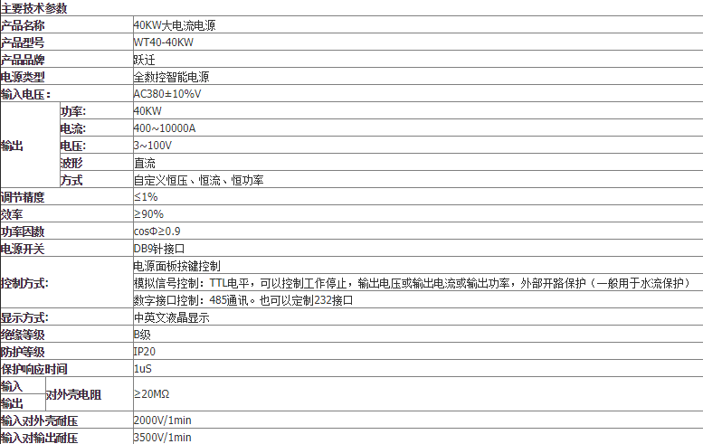 Transition 3V-100V low-voltage high-power power supply WT40-40KW low-voltage high current DC switching power supply