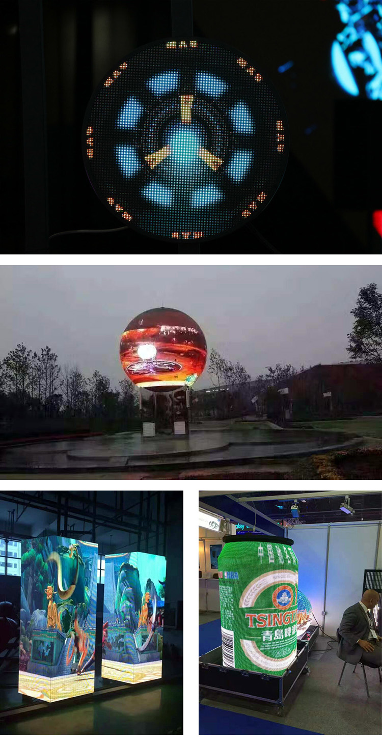 Flexible ribbon LED shaped screen with Mobius ring, cylindrical sphere, triangular creative screen