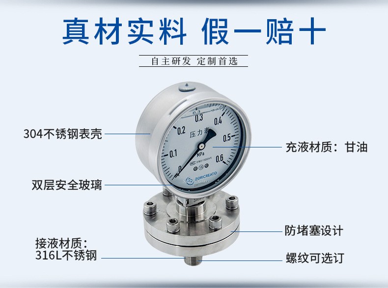 Zhuoran Tiangong Anti Blocking and Oil Filled UPVC Material Threaded Flange Connection Corrosion Resistant Diaphragm Shock Resistant Pressure Gauge