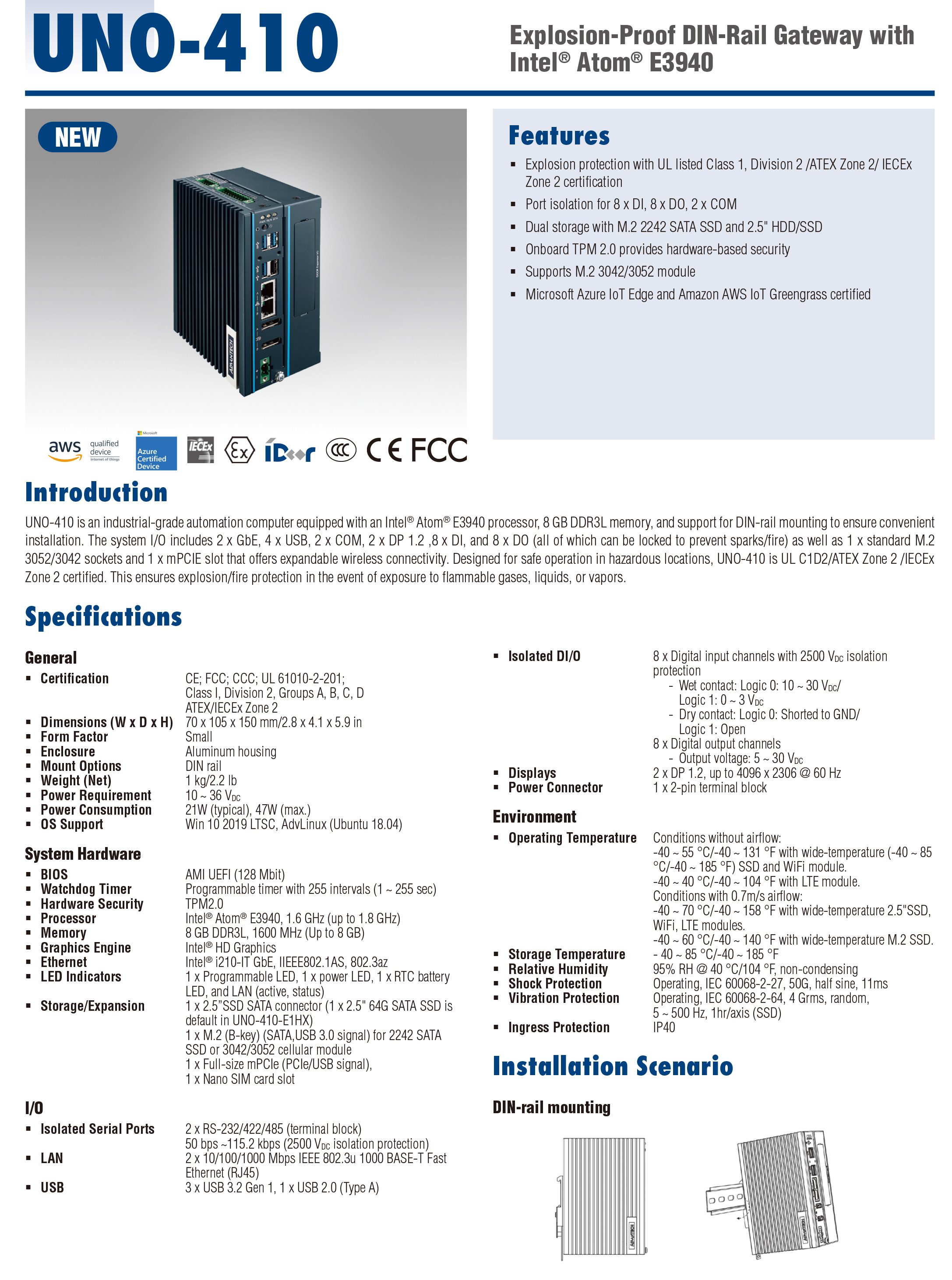 Advantech Embedded Industrial Computer UNO-410 E3940's Explosion-proof DIN Rail Gateway with Rich I/O Brand New