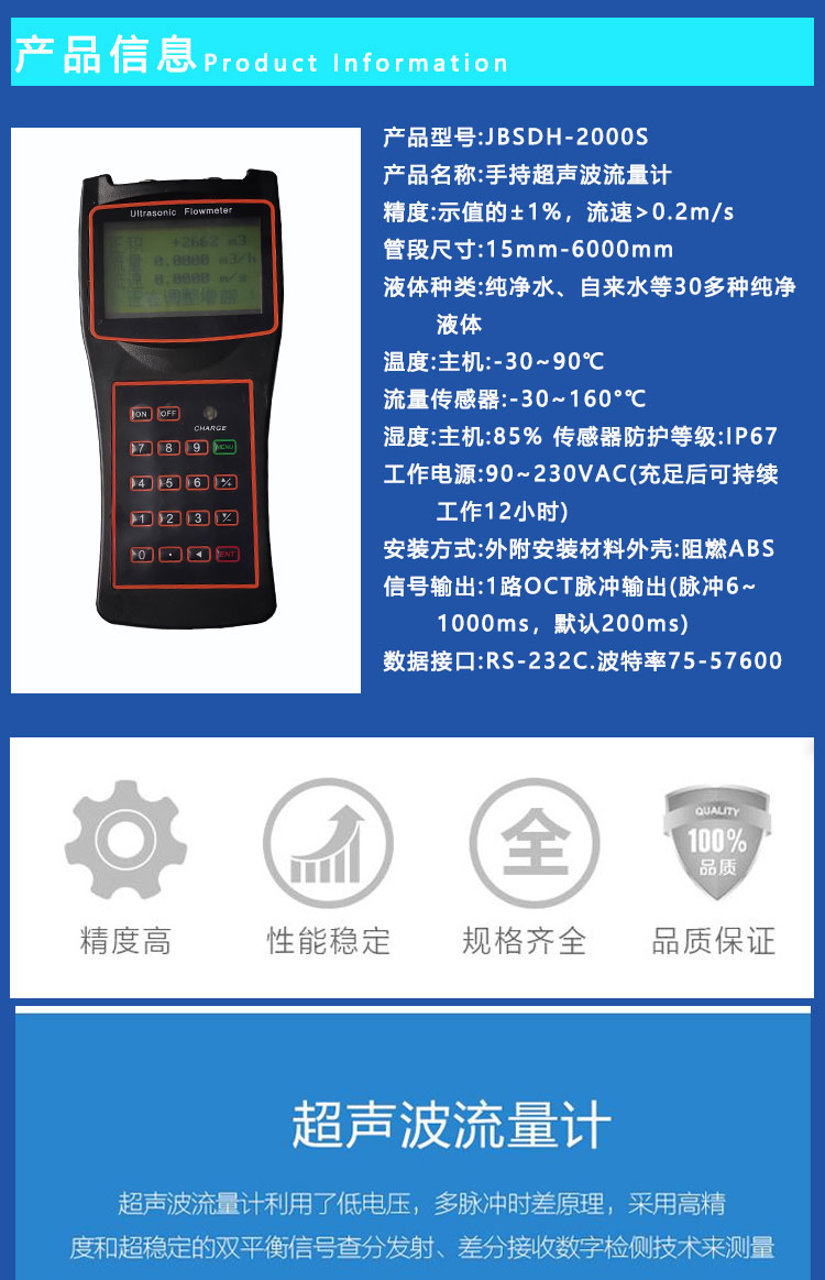 Gold standard instrument, handheld intelligent battery powered, externally mounted mining time difference method, sewage ultrasonic flowmeter, fire protection