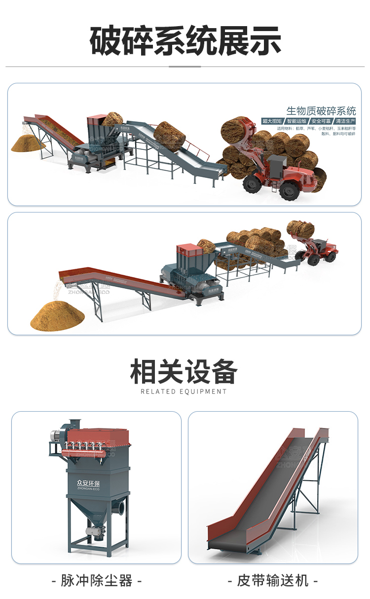 Crop straw crusher, palm straw, reed square bundle, round bundle, and bulk material shredder are energy-saving and environmentally friendly