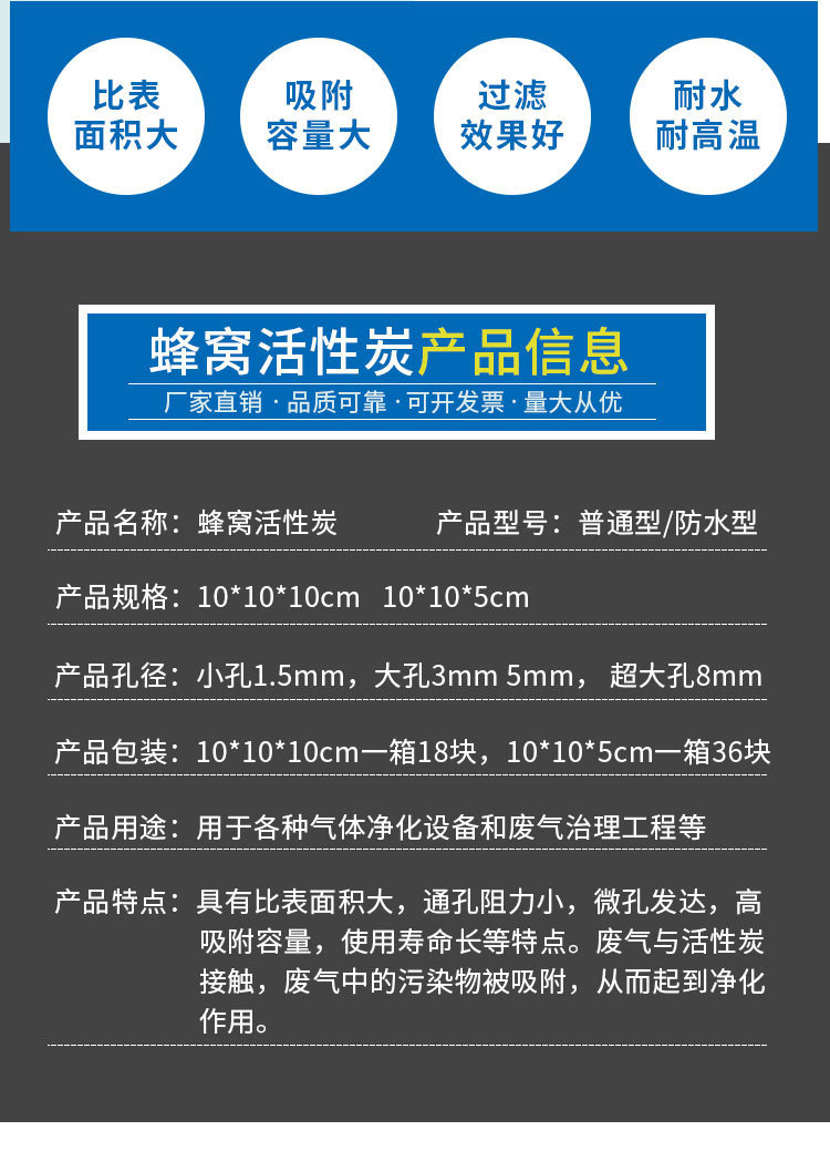 Honeycomb activated carbon special water-resistant carbon blocks for industrial use, 800 iodine value waste gas treatment, with a pore size of 1.5-8mm