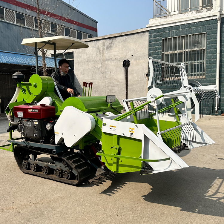 Fully automatic wheat combine harvester with 35 horsepower ride type full feed harvester and elevator for easy grain discharge