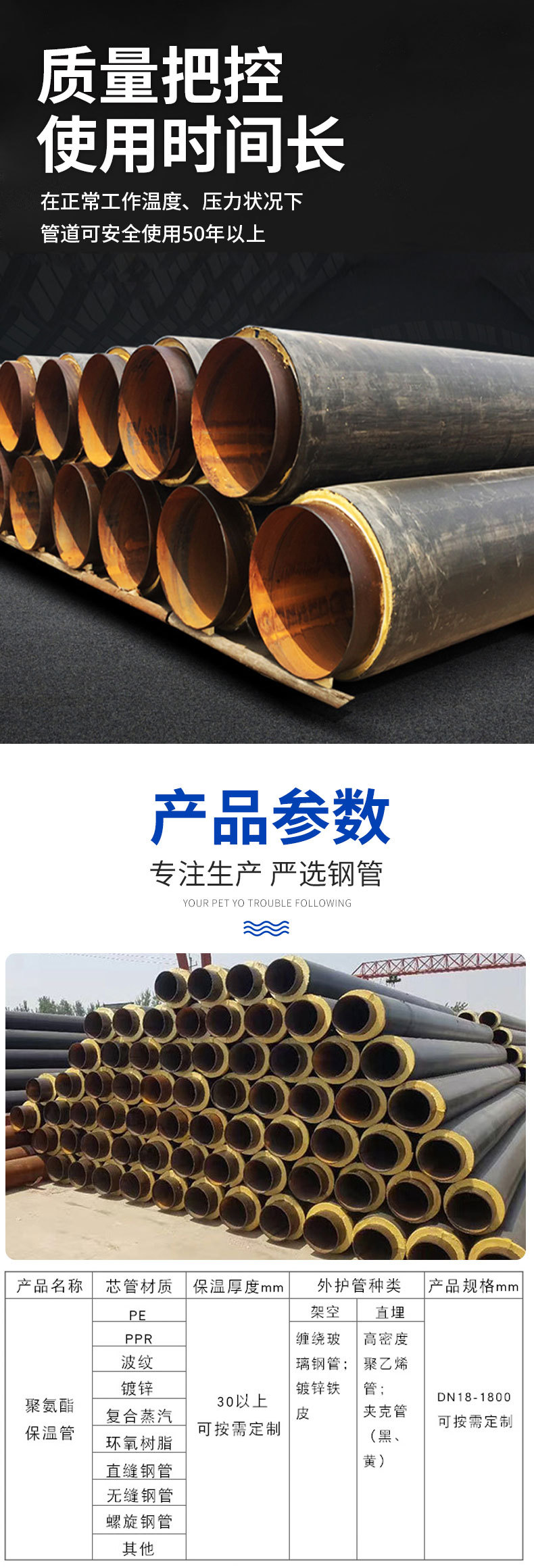 High density polyethylene jacket pipe, Meihao polyurethane insulated steel pipe, available in large quantities