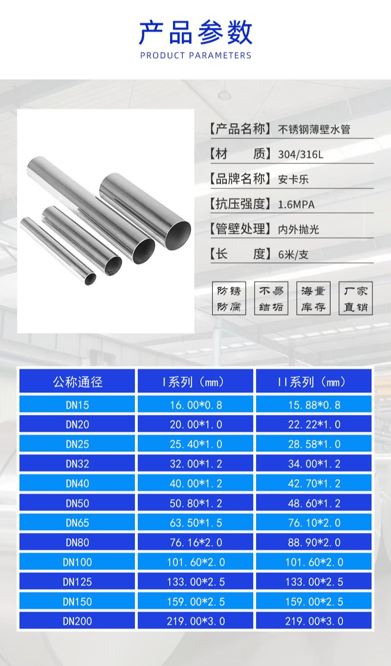 316l stainless steel water pipe drinking water dormitory building replacement stainless steel water supply pipe double compression 50.8 * 1.2