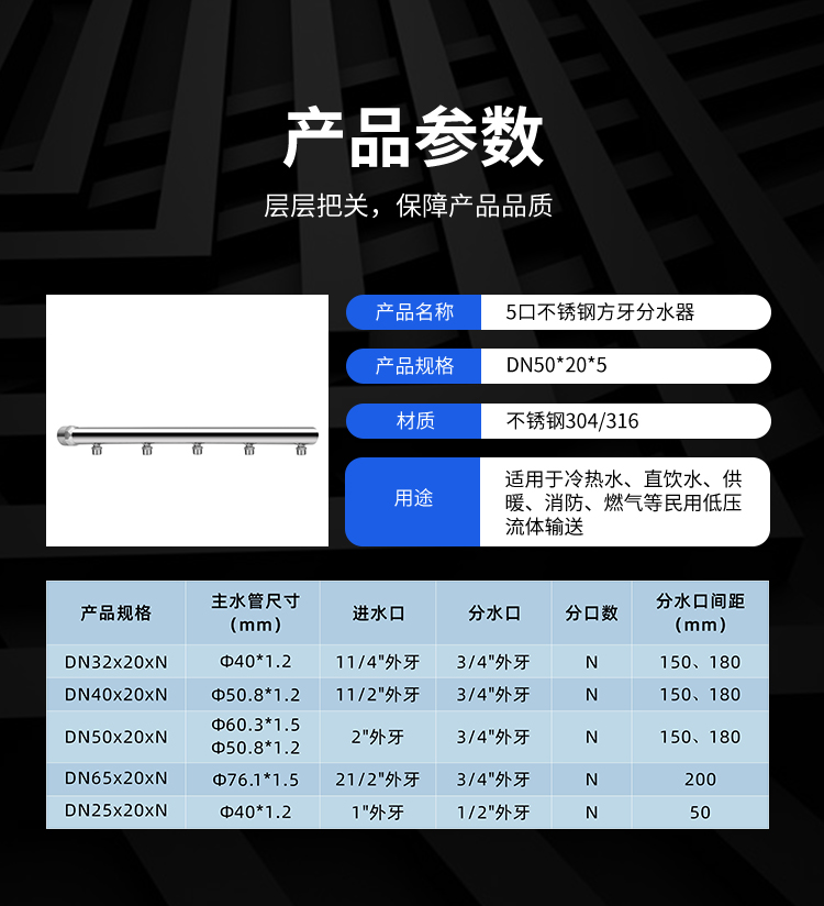 304 stainless steel 5-port round tooth water distributor 316L convenient and quick installation water meter column 5-way water distributor