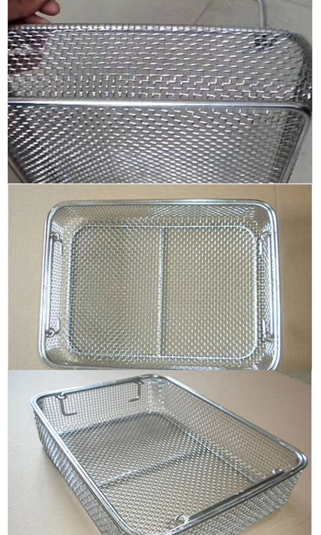 Industrial mesh basket components cleaning mesh basket metal square mesh blue belt handle stainless steel mesh frame