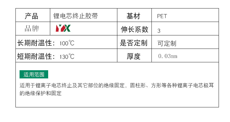 Lithium battery termination tape, battery specific green insulation tape, electrolyte, 100 meter long pole ear adhesive