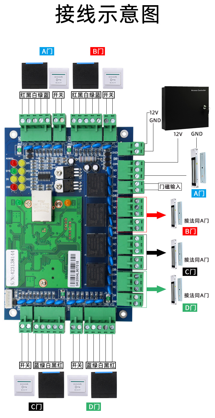 Koot TCP networked access control board, 4-door access control motherboard, 4-door one-way controller for shopping malls