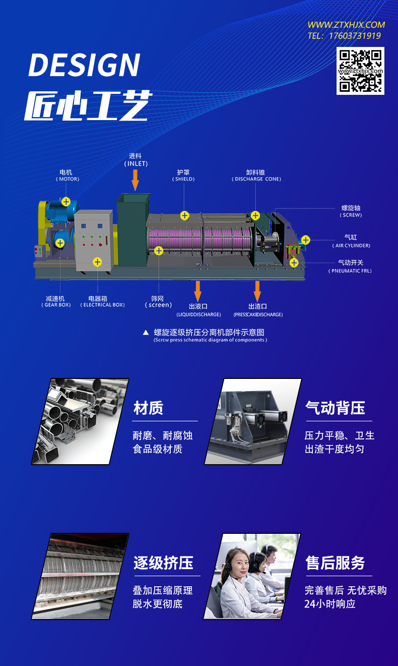 Baijiu brewer's grains, traditional Chinese medicine dregs, extrusion dehydrator, continuous screw press, screw dehydrator manufacturer