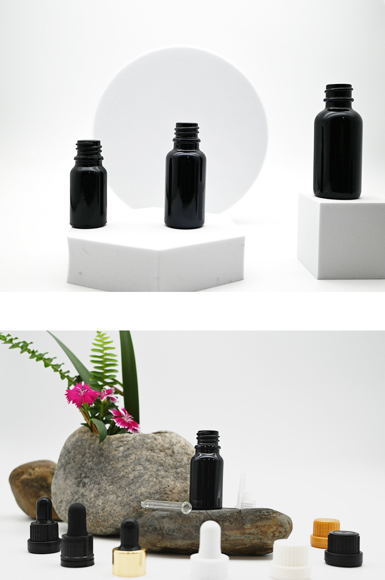 The manufacturer provides 5ml-100ml black essential oil bottles, empty bottles for cosmetic concentrate packaging, brown glass essential oil bottles