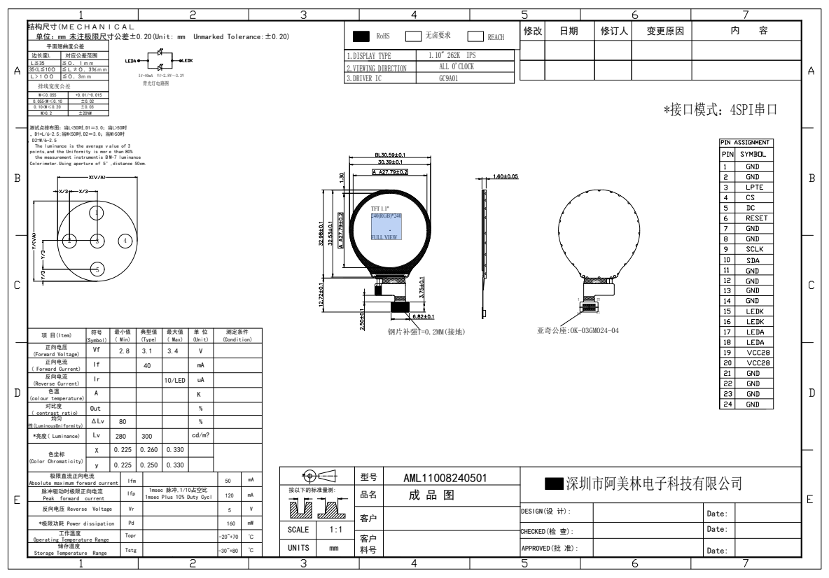 Manufacturer's 1.1 inch TFT screen, 240X240 LCD display screen, small size IPS LCD module, LCD watch screen