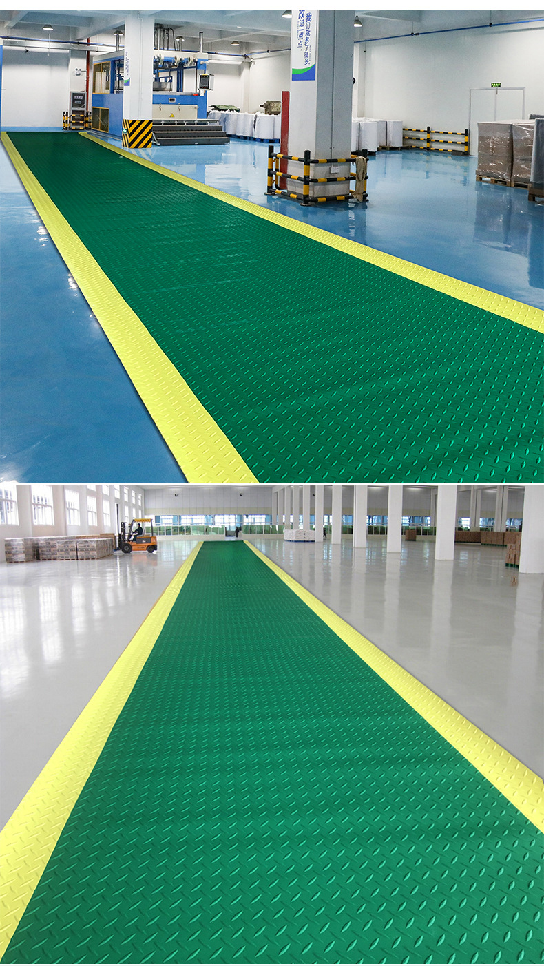 Workshop hallway with yellow warning edge and floor mat, rolled material, herringbone steel plate pattern, PVC plastic wear-resistant and anti-static carpet