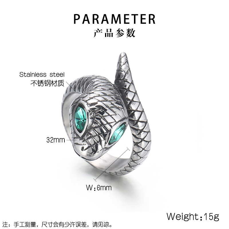 European and American niche design stainless steel snake bracelet with punk style personality trendy men's creative green eyed snake titanium steel ring