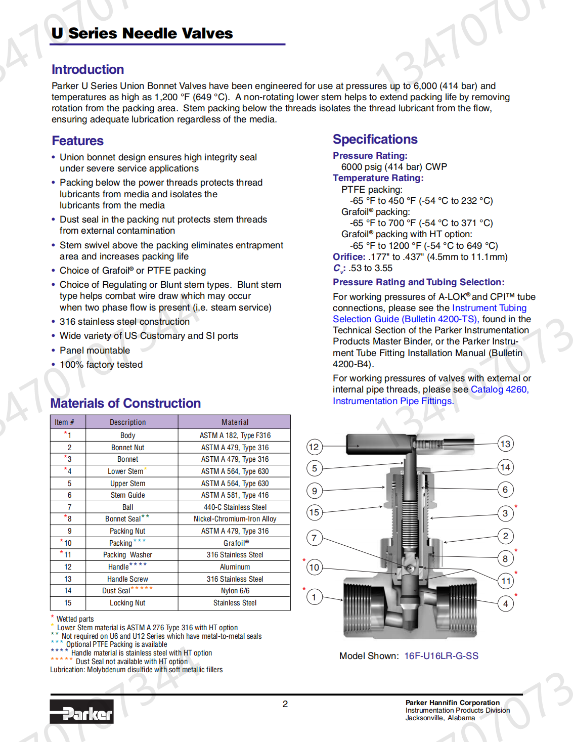 M14W-U12LB-G-SS-HT high-temperature needle valve with a pressure resistance of 41.4 MPa and a temperature resistance of 649 degrees Celsius, available in stock Parker needle valve