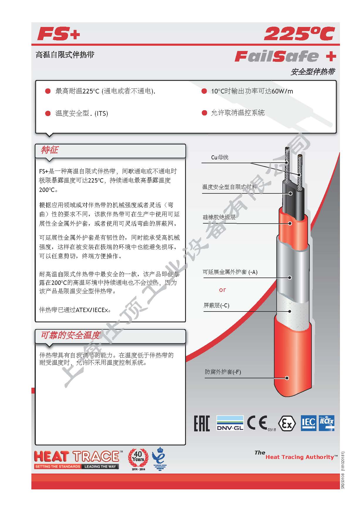 Huitesi Electric Tracing 60FS+2-CF High Temperature Electric Tracing Band 60W/M Temperature Resistance 225 degrees Celsius