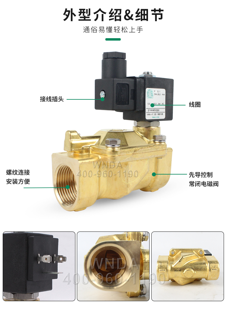 Italy ODE two position two normally closed solenoid valve 21W4KV250 pilot controlled brass threaded control valve