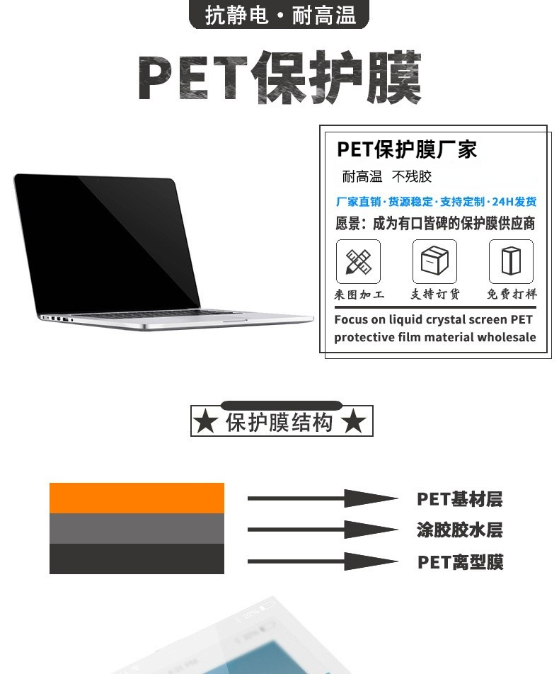 Single layer acrylic PET protective film display screen with hard scratch resistant PET protective film and anti-static PET protective film