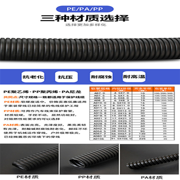 Yike PP PE PA material nylon plastic threading corrugated hose nylon cable threading hose